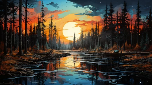 Wilderness Sunset Scene and Tranquil River 2D Game Art AI Image