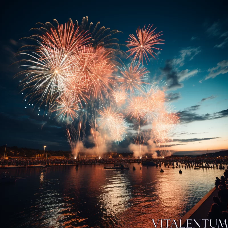 Festive Firework Display over Tranquil Harbor AI Image