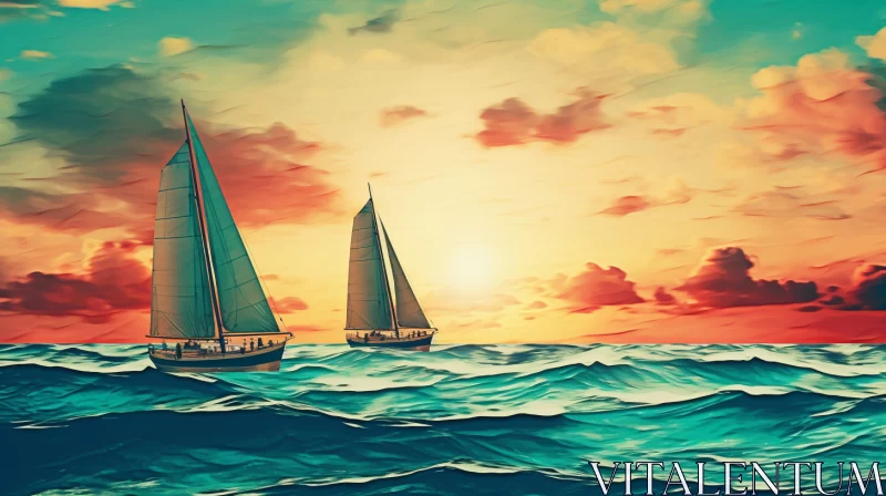 Intricate Sailboat Illustration in Turbulent Ocean with Swirling Vortexes Under Sunset Sky AI Image