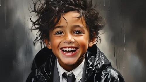Joyous Boy in Black Raincoat: A Photorealistic Art AI Image