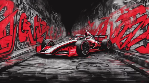 Vibrant Red Racing Car in Graffiti Filled Tunnel  - AI Generated Images AI Image