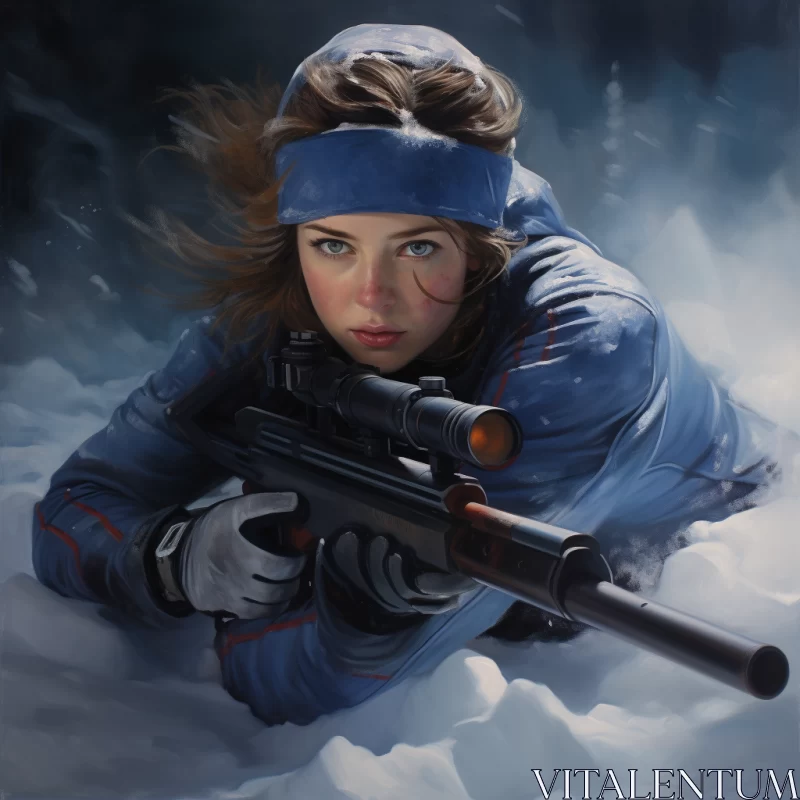 Determined Girl in Snowy Landscape with Sniper Rifle AI Image