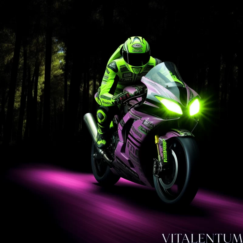 Dynamic Neon-lit Kawasaki Race Scene: A Vivid Symbol of Speed and Motion AI Image