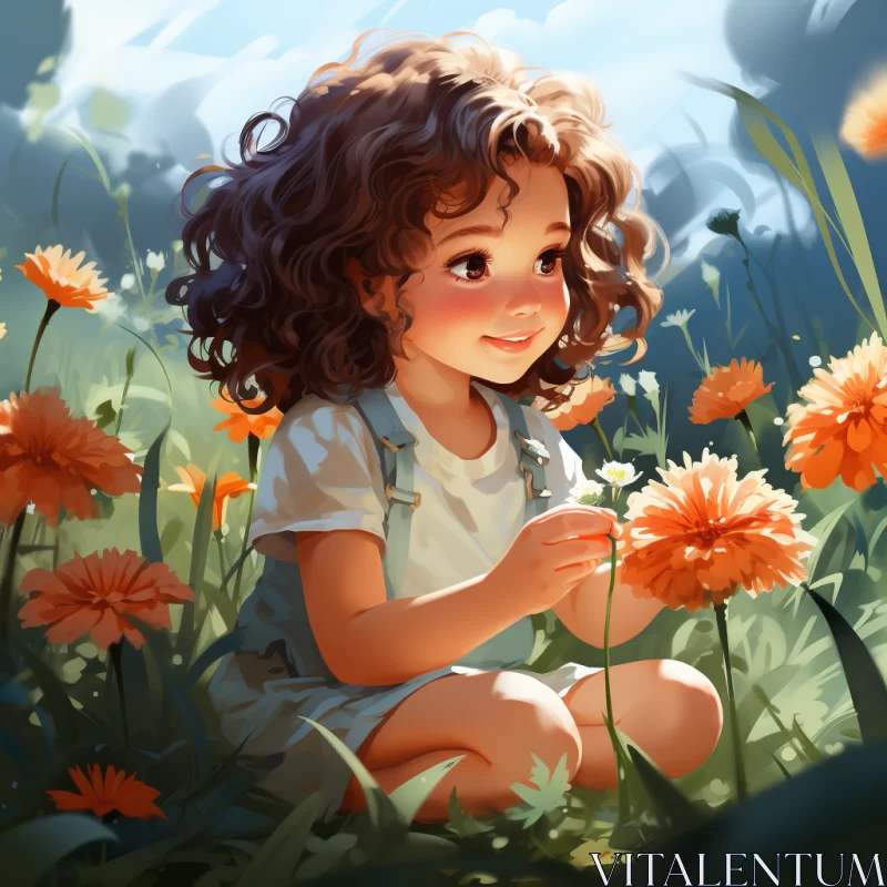 Enchanting Girl Amidst Blooming Field - Anime Style Illustration AI Image