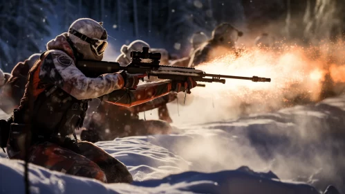 Hyper-Realistic Battle Scene on Snow-Covered Field with Unreal Engine 5 AI Image