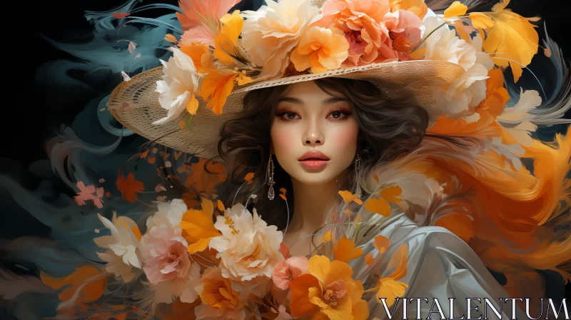 Oriental Woman in Orange Hat with White Floral Bouquet AI Image
