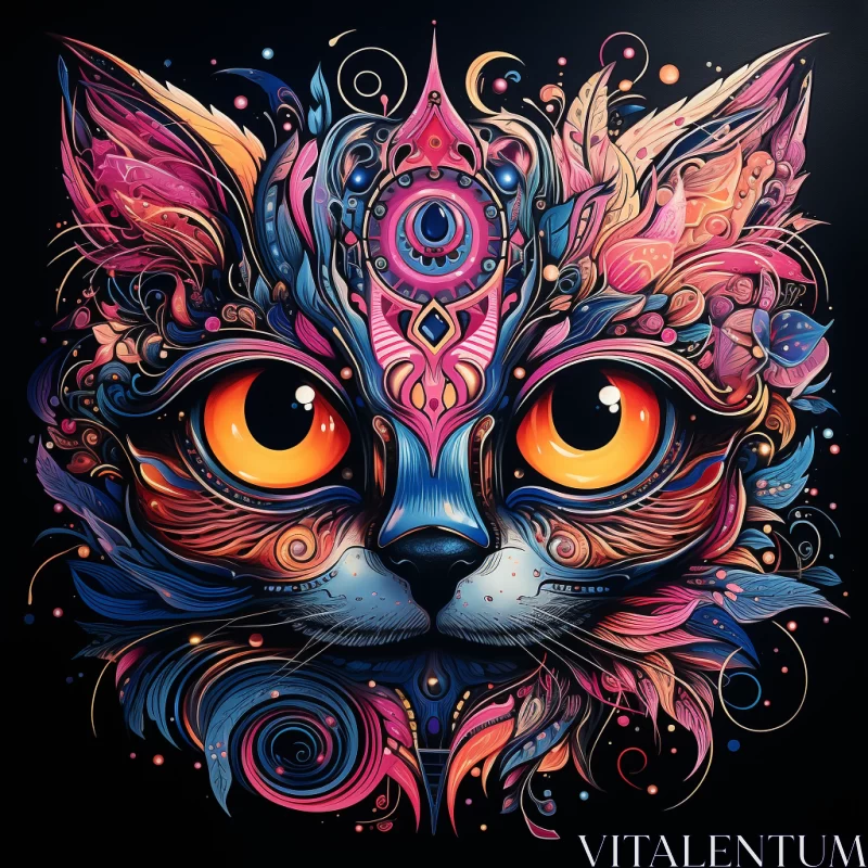 Psychedelic Cat Illustration with Floral Patterns and Starry Coat AI Image