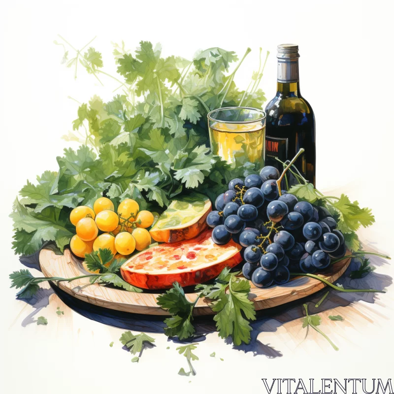 Realistic Watercolour Painting of Fruit and Wine - Neogeo Style AI Image
