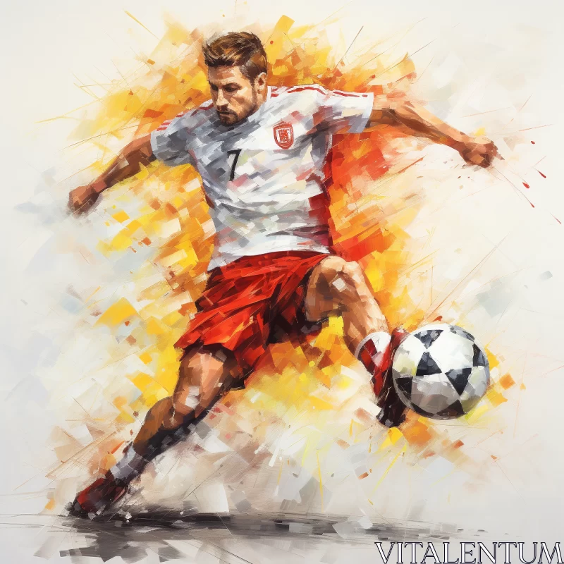 AI ART Intense Action Soccer Player Painting: Fusion of Amber, White, & Red Hues