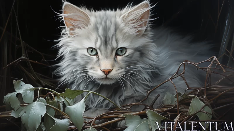 Mesmerizing Stare of Gray Kitten Amidst Silver White Fantasy Foliage AI Image