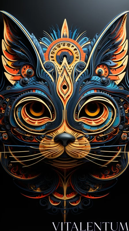 Ornate Cat Head Illustration with Intricate Woodwork and Mechanical Designs AI Image