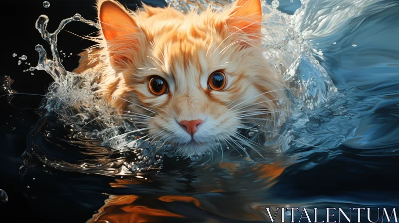 Playful Orange Cat in Water with Stark Black Backdrop AI Image