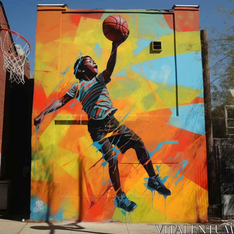 AI ART Vibrant Outdoor Mural of Dynamic Basketball Dunk in Diverse Art Styles