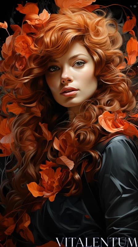 Fiery Redhead in Autumn Leaves with Romantic Fantasy Elements AI Image