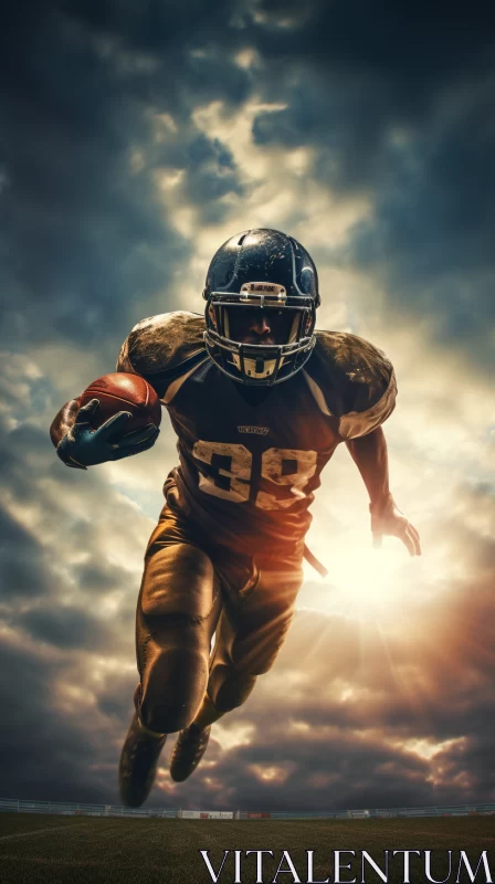 Intense American Football Player on Rocky Terrain under Cloudy Sky AI Image