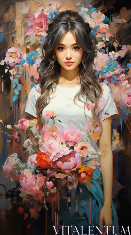 Intricate Oil Painting of Girl Amidst Colorful Flowers AI Image