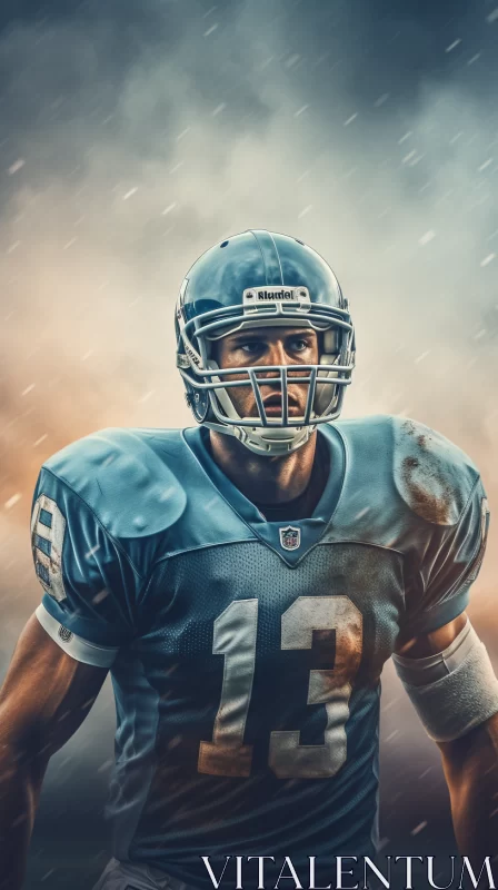 Resilient Football Player on Rain-Slicked Field AI Image