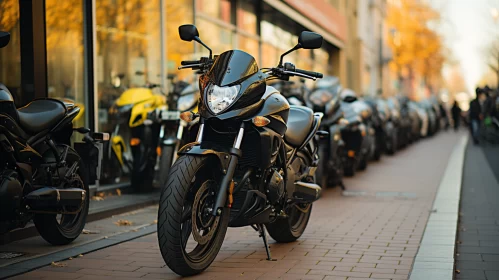 Sleek Black Motorcycles on Rustic Brick Sidewalk