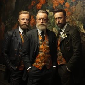 Three Men Posing by a Large Wall of Floral Patterns in Art Nouveau Style with Victorian-Era Clothing AI Image