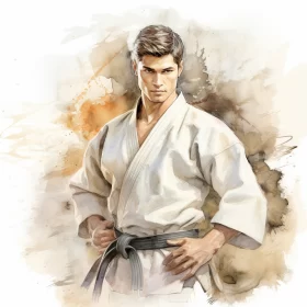 Intriguing Watercolor Illustration of Karate Man in Soft Gray and Amber AI Image