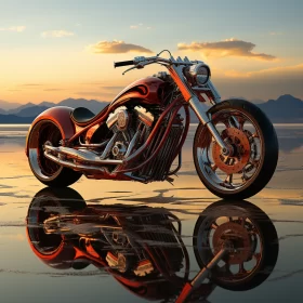 Photorealistic Motorcycle by Pier under Colorful Skyline AI Image