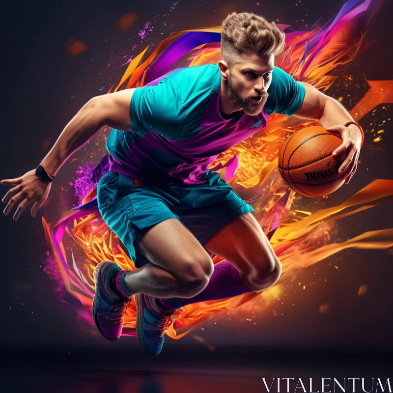 AI ART Dynamic and Fantastical Sports Scene with Flaming Basketball