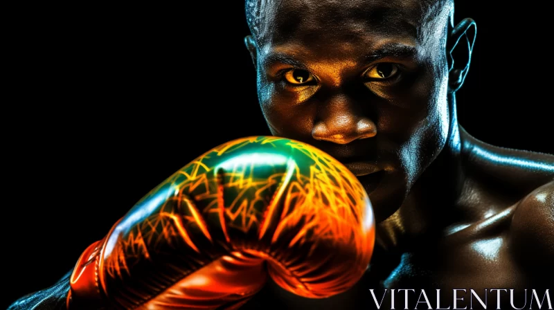 Photo-Realistic Image of Prepared Boxing Player in Dimly Lit Room AI Image