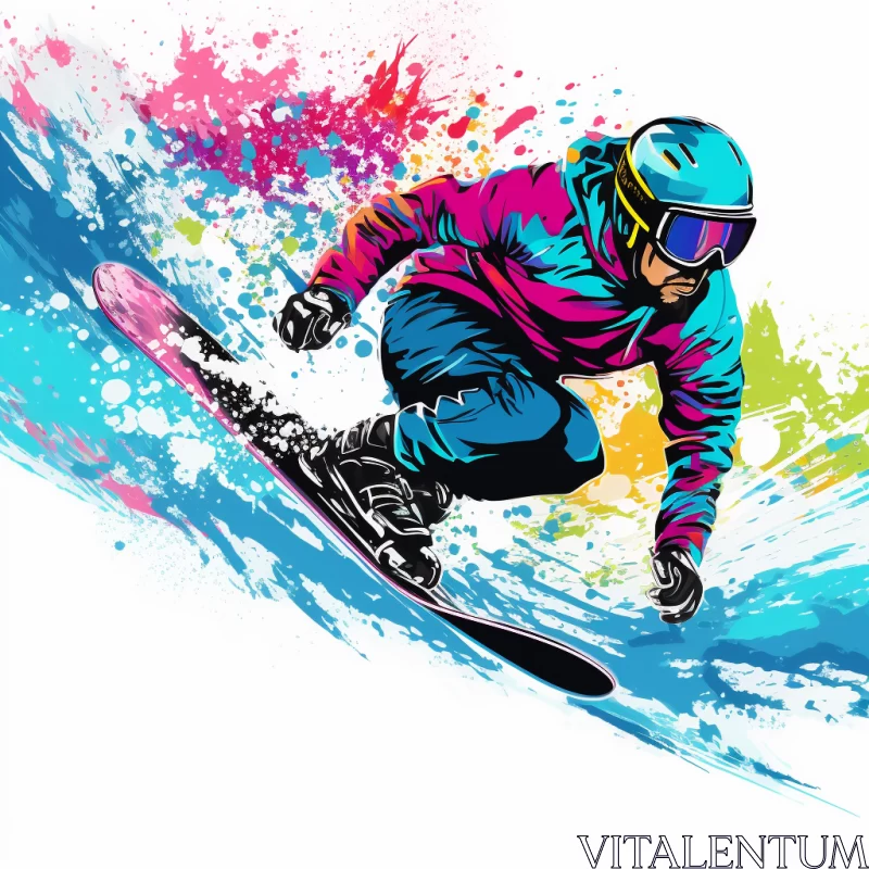 AI ART Vibrant Pop Art Skier Descending Slope in New Wave-Style Cartoon Vector Illustration