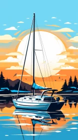 Vintage Sailboat Sunset Art in Pop & Cabincore Style AI Image