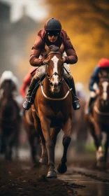 8K Ultra-HD Horse Race Image: Jockey in Motion, Amber & Maroon Hues AI Image