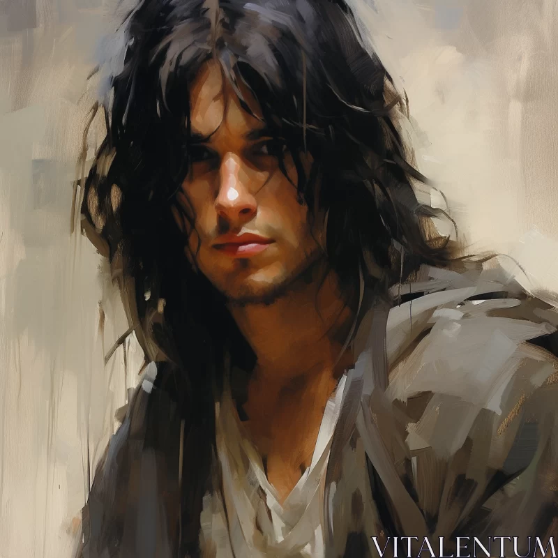 Moody and Intricate Painting of a Gentle and Introspective Man with Long, Flowing Hair AI Image