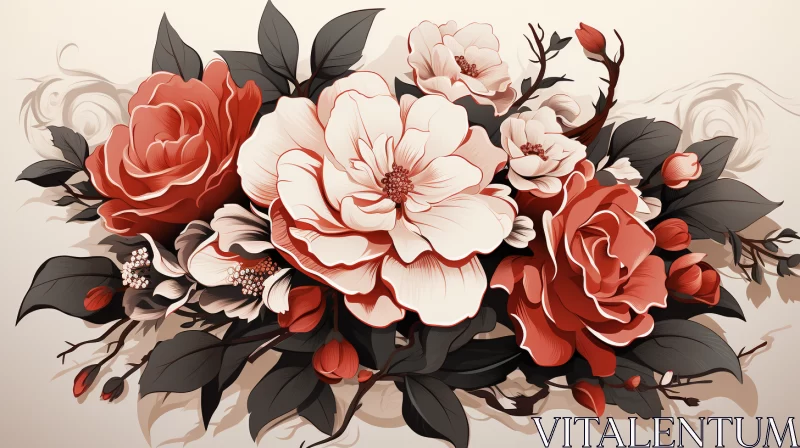Romantic Floral Illustration: Red Roses and Black Leaves AI Image