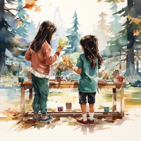 Watercolor Artwork - Two Girls Painting in Nature AI Image