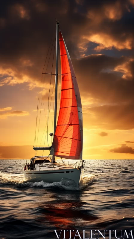 AI ART 8K High-Res 'Yankeecore' Sailboat Image on Calm Azure Ocean at Sunset