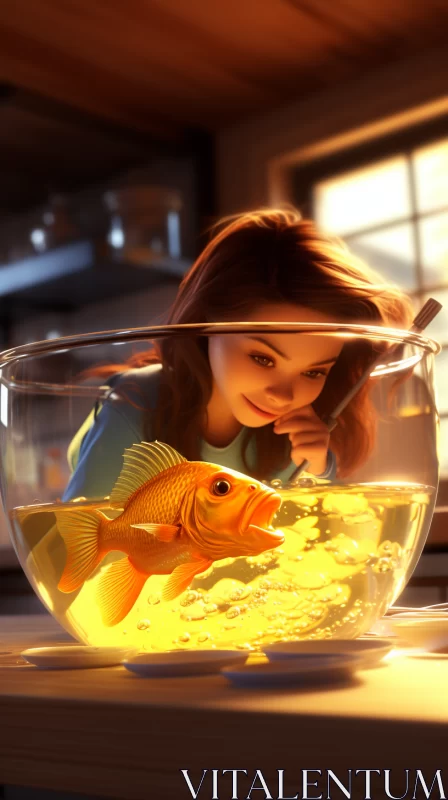 Charming Girl with Gold Fish Illustration in Vray Tracing AI Image
