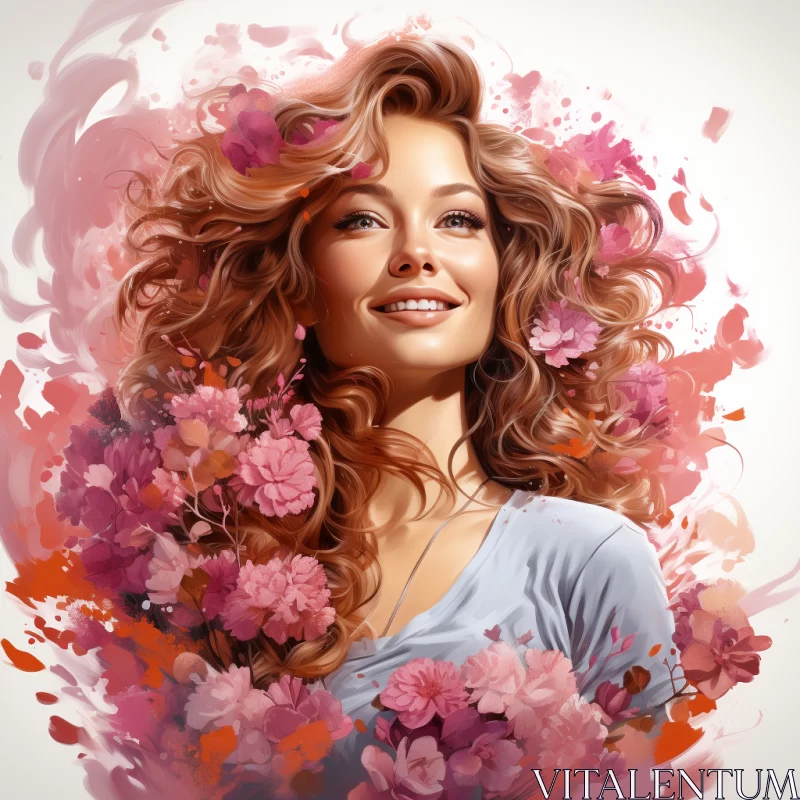 Blonde Woman with Sky-Blue Eyes Surrounded by Pink Flowers Digital Art AI Image