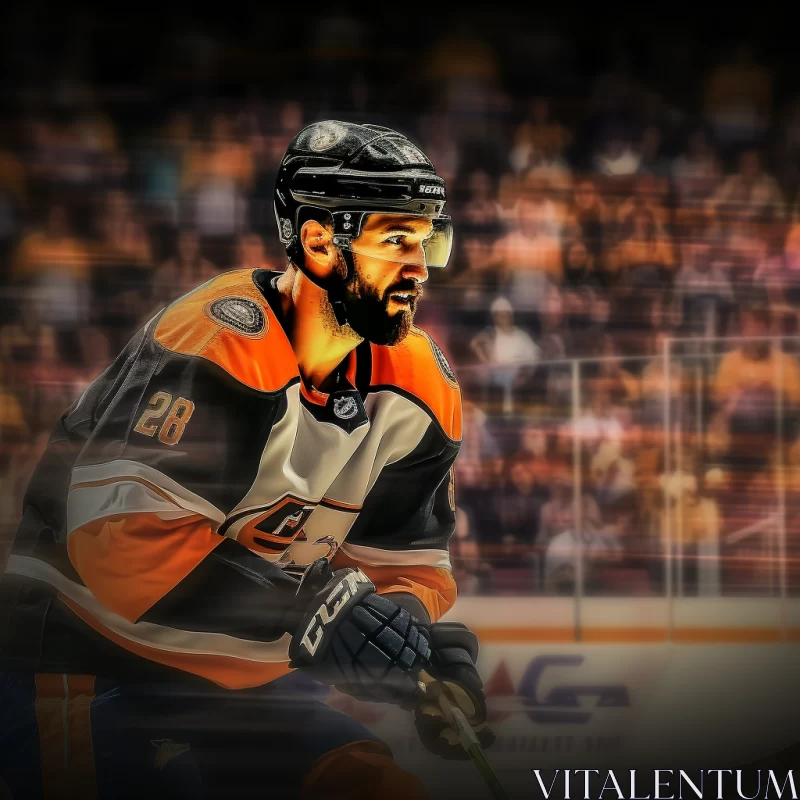 Dramatic Hockey Player Digital Art in Orange and White Jersey AI Image