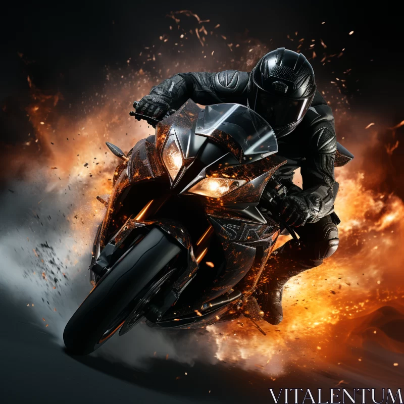 Fiery Black Motorcycle Digital Art, Outrun Aesthetic with Deep Shadows and Luminous Fire Hues AI Image