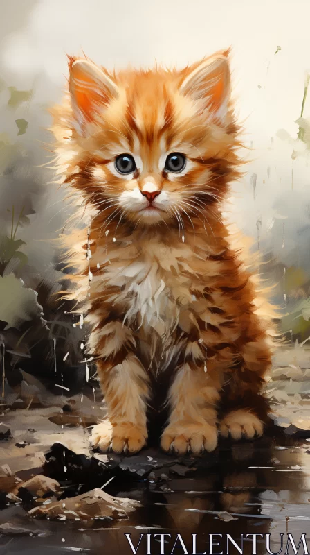 Innocent Orange Kitten on Stone-Studded Ground Digital Painting AI Image