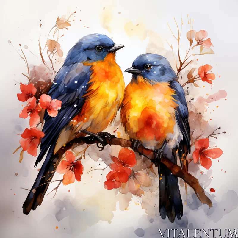 Captivating Birds Perched on a Branch: Realistic and Romantic Watercolor Illustration AI Image