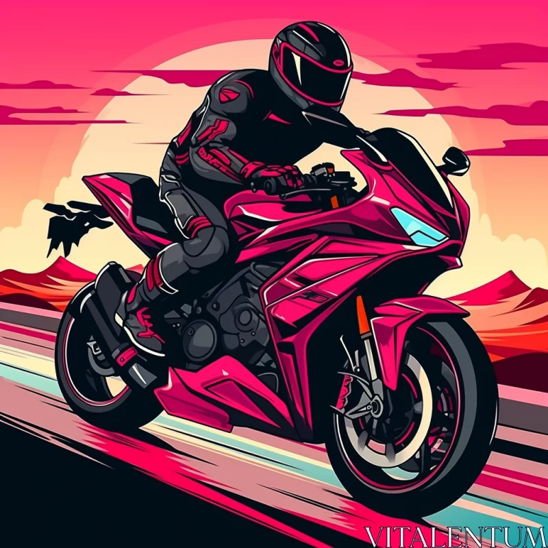 AI ART Dynamic Male Motorcyclist Pop Art Image with Vibrant Palette at Sunset