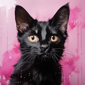 Playful Black Cat Portrait against Pink Background