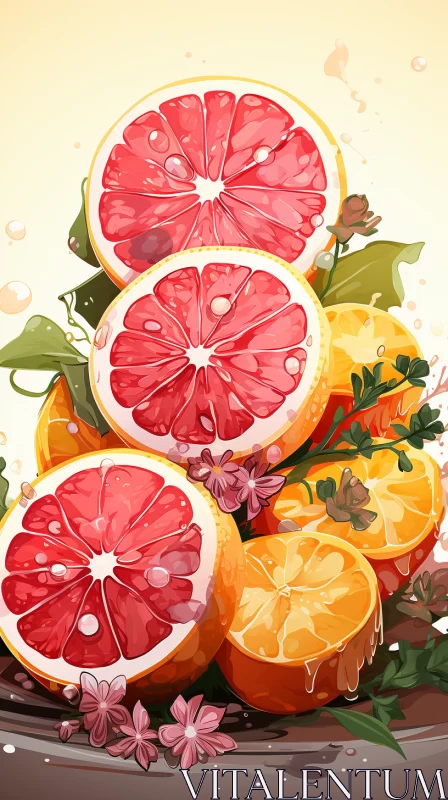 Artistic Illustration of Layered Grapefruit with Floral Motifs AI Image