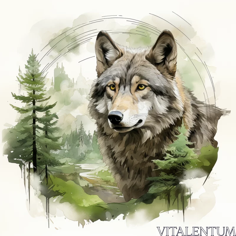 Realistic Watercolor Illustration of a Wild Wolf in a Forest AI Image