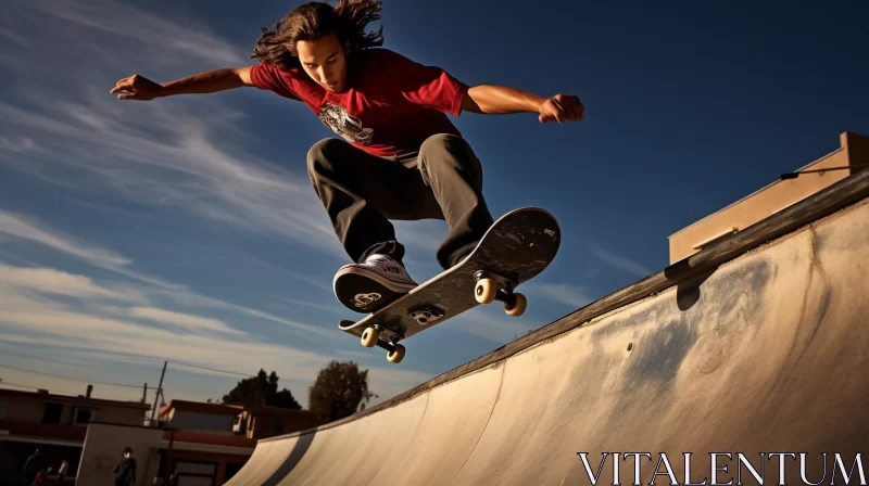 Skateboarder Mid-Air Trick in Vibrant Indigo & Crimson Hues AI Image