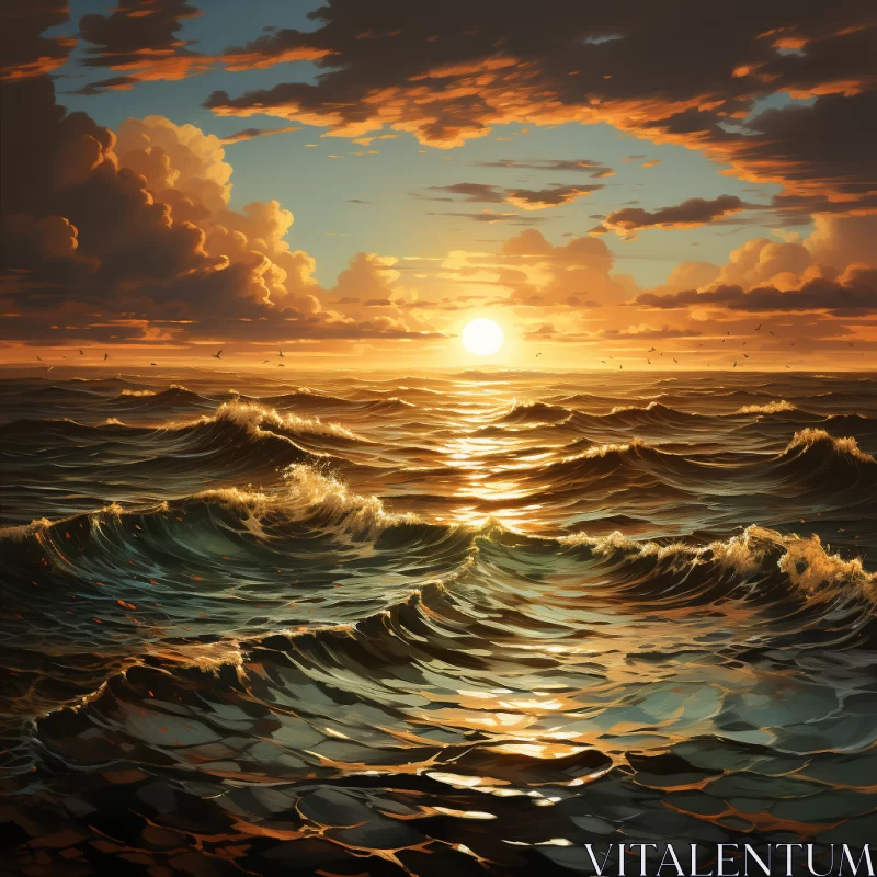 Fiery Sunset Over Turbulent Ocean: A Classical Landscape Painting AI Image