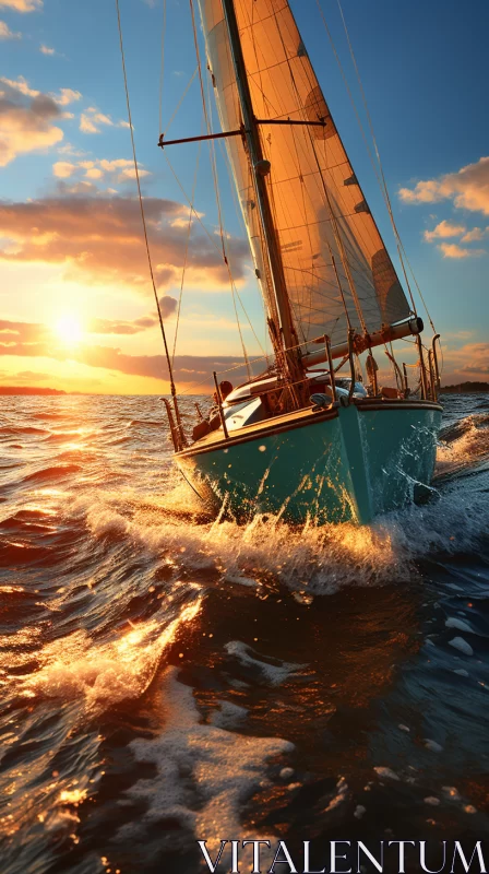 AI ART Golden Sunset Sailing Scene with Vivid Turquoise Waters and Dramatic Light & Shadow Play