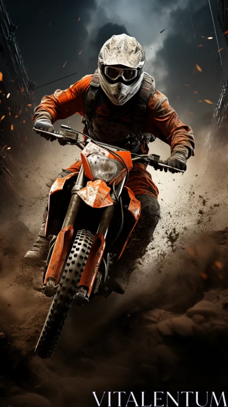 AI ART Man Riding Dirt Bike in Post-Apocalyptic Setting in UHD 32k Resolution Image