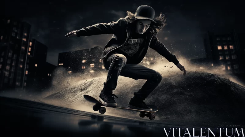 AI ART Night Skateboarding Scene with High-Key Lighting and Smoky Background