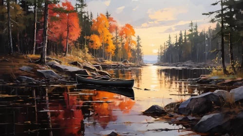 Serene Lake Scene with Canoe and Detailed Foliage AI Image